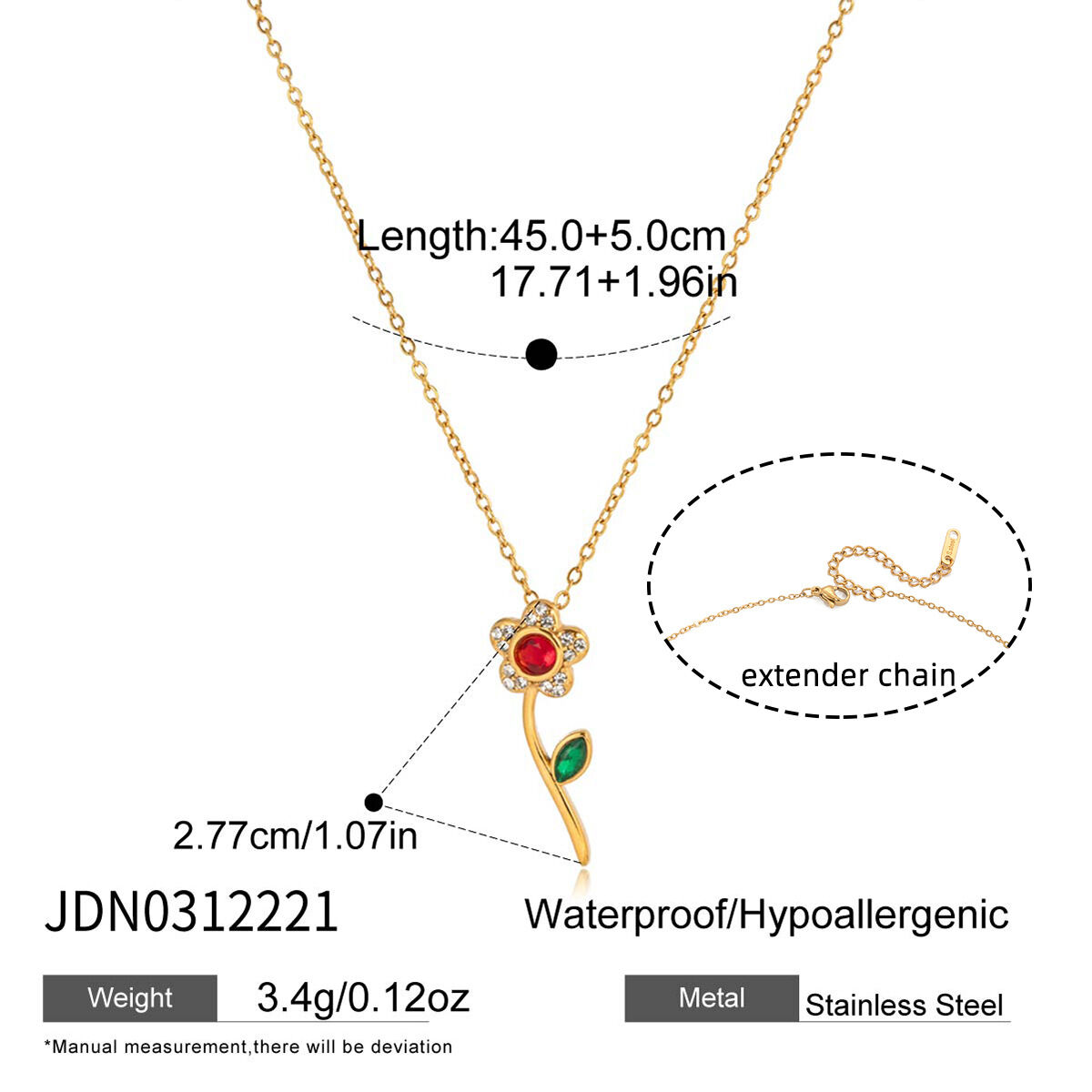 Romantic Sweet Rose Stainless Steel Waterproof Gold Color Rhinestone Women's Pendant Necklaces h5 
