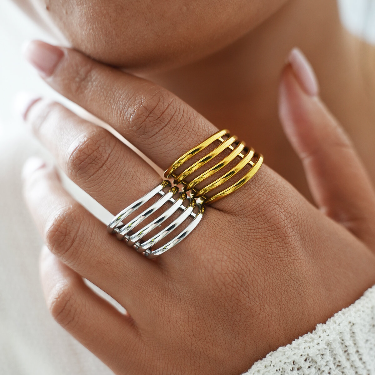 Simple Series Daily Irregular Shape Lines Stainless Steel Waterproof   Gold Color  Statement Rings h5 Picture2