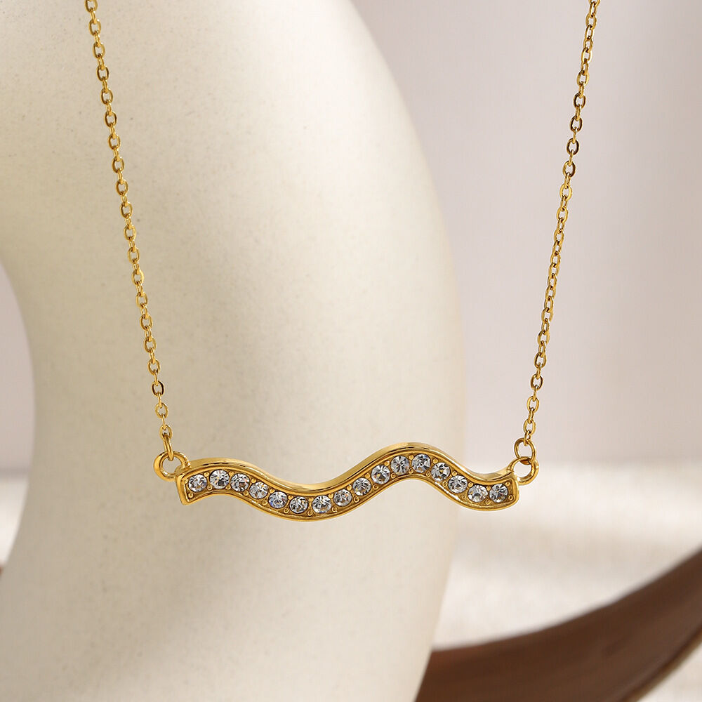 Simple Wave Shape Stainless Steel Waterproof Gold Color Rhinestone Women's Pendant Necklaces