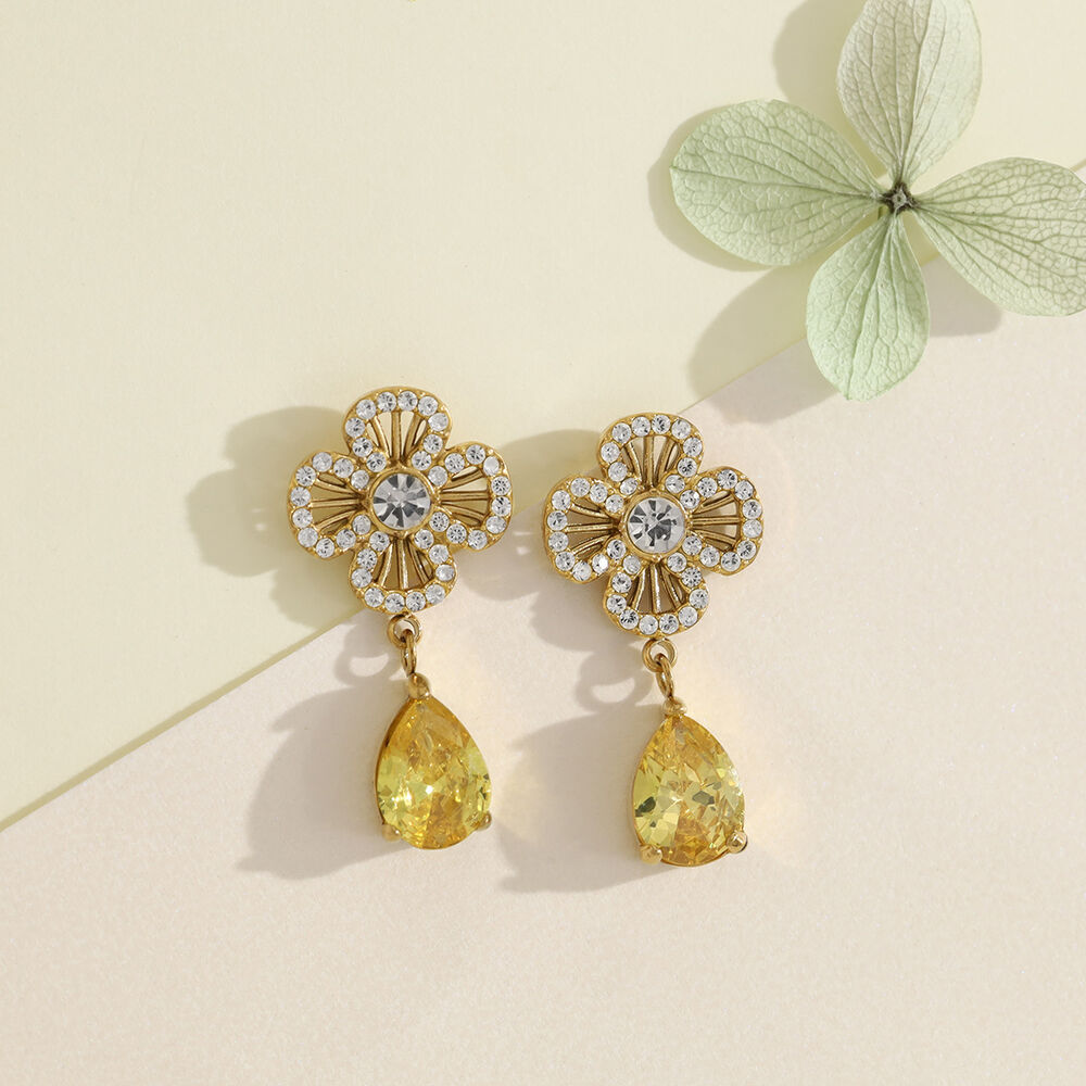Elegant Flower Stainless Steel Waterproof Gold Color Crystal Women's Drop Earrings Picture4