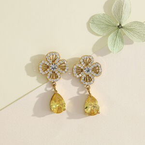 Elegant Flower Stainless Steel Waterproof Gold Color Crystal Women's Drop Earrings h5 Picture4