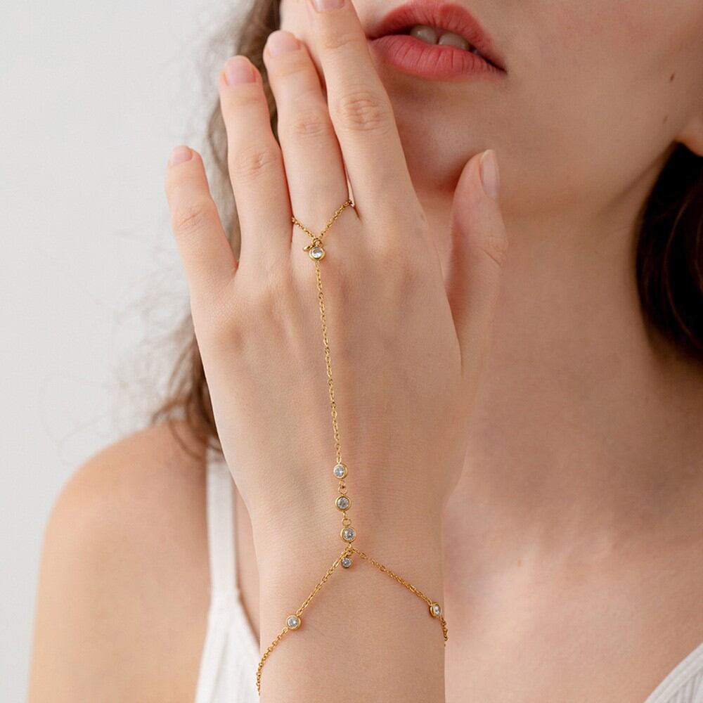 Simple Chain Circle Stainless Steel Waterproof Gold Color Zircon Women's Hand Chain Picture3
