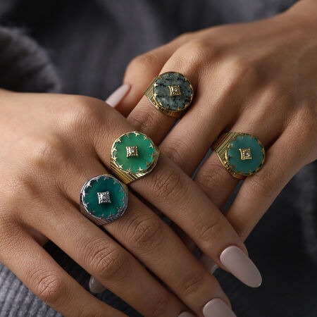 Retro Stainless Steel Waterproof Gold Color Natural Stone Women's Gemstone Rings