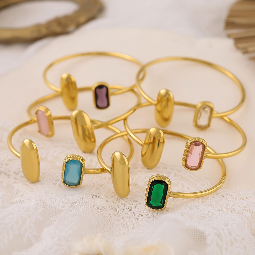 Simple Rectangle Stainless Steel Waterproof Gold Color Zircon Women's Cuff Bracelets Picture2