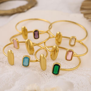 Simple Rectangle Stainless Steel Waterproof Gold Color Zircon Women's Cuff Bracelets h5 Picture2