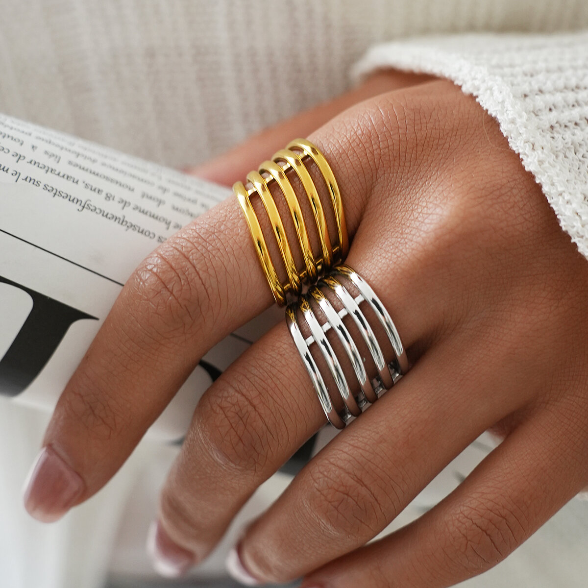 Simple Series Daily Irregular Shape Lines Stainless Steel Waterproof   Gold Color  Statement Rings Picture3