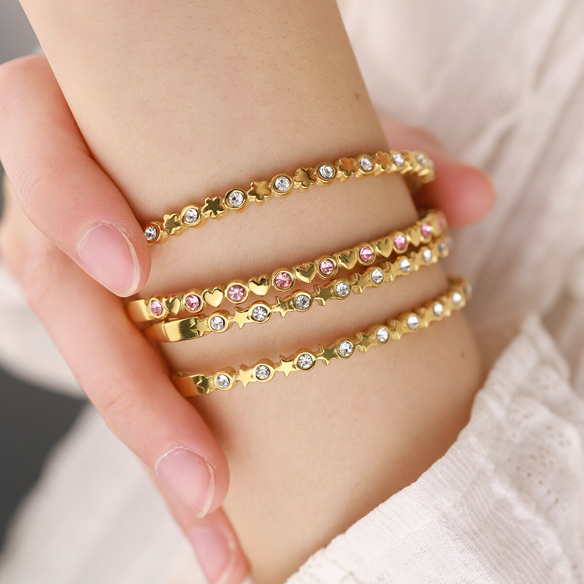 Heart & Star Stainless Steel Gold Color Crystal Women's Bangles