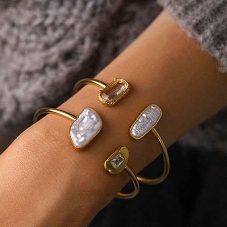 Classic Retro Irregular Shape Stainless Steel Waterproof Gold Color Zircon Pearl Women's Cuff Bracelets 2