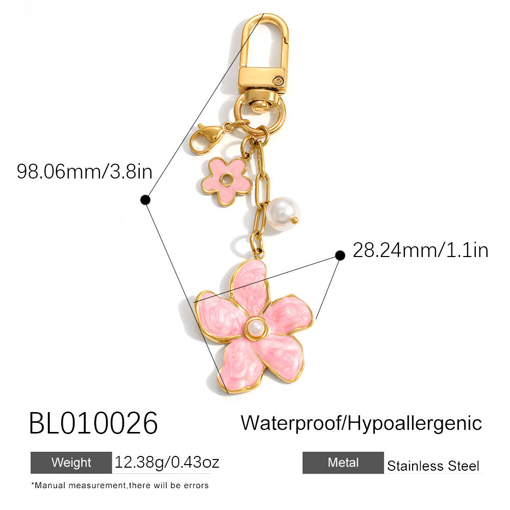 Sweet Enamel Flower Bow Knot Cherry Stainless Steel Gold Color Keychain 