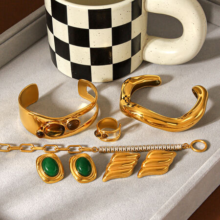 Stainless Steel Waterproof Gold Color Natural Stone Zircon Women's Bracelet Set 2