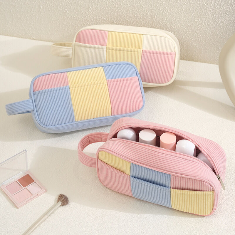 Simple Plaid Mixed Color Corduroy Women's Makeup Bags Picture2