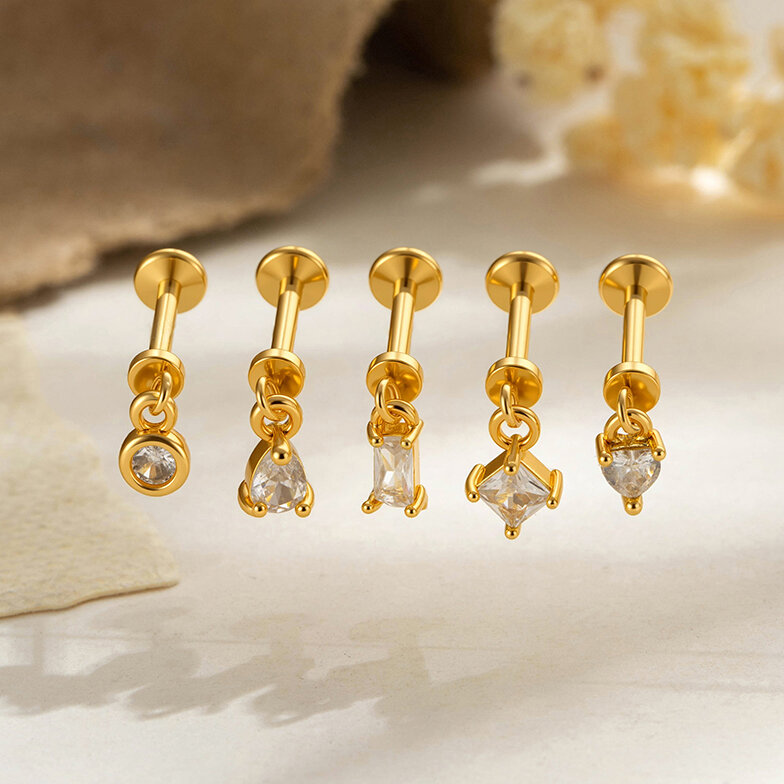 Orecchini da piercing da donna rettangolari in zircone color rame e oro