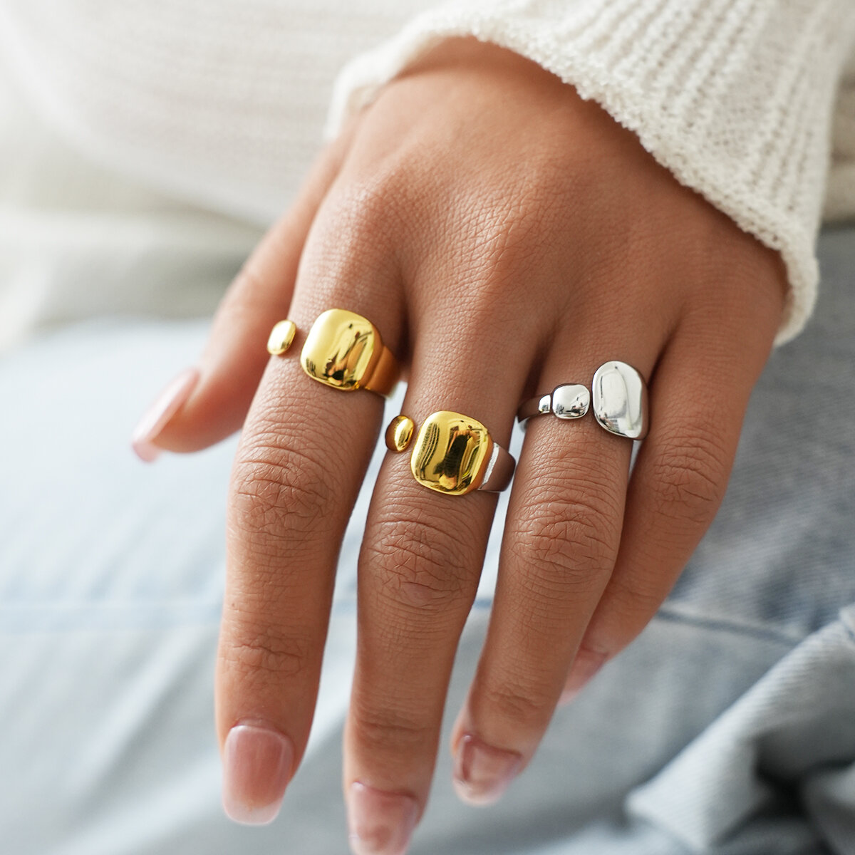 Simple Daily Irregular Shape Rectangle Stainless Steel Waterproof   Gold Color  Statement Rings 2