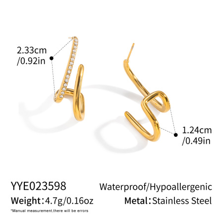 Luxuriöse, unregelmäßige, wasserdichte Ohrstecker aus Edelstahl in Goldfarbe mit Zirkonia für Damen