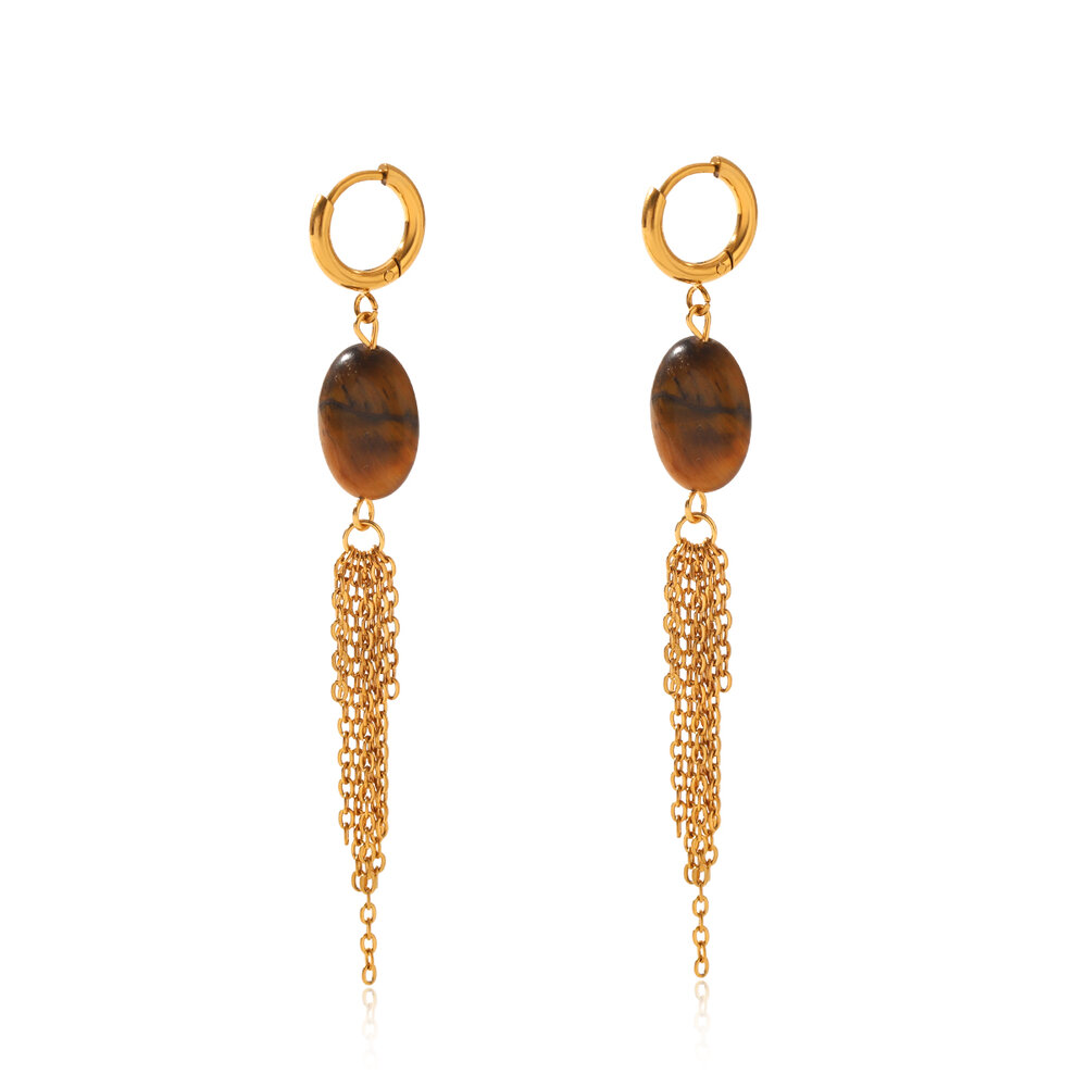 Tassel Stainless Steel Waterproof Gold Color Natural Stone Women's Drop Earrings