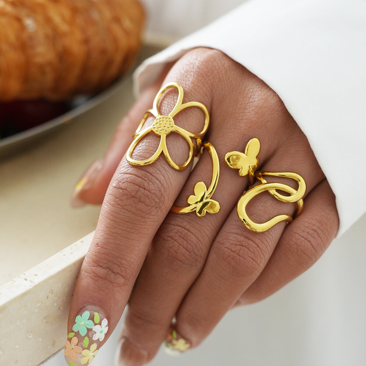 Retro Irregular Shape Stainless Steel Waterproof   Gold Color  Statement Rings Picture3