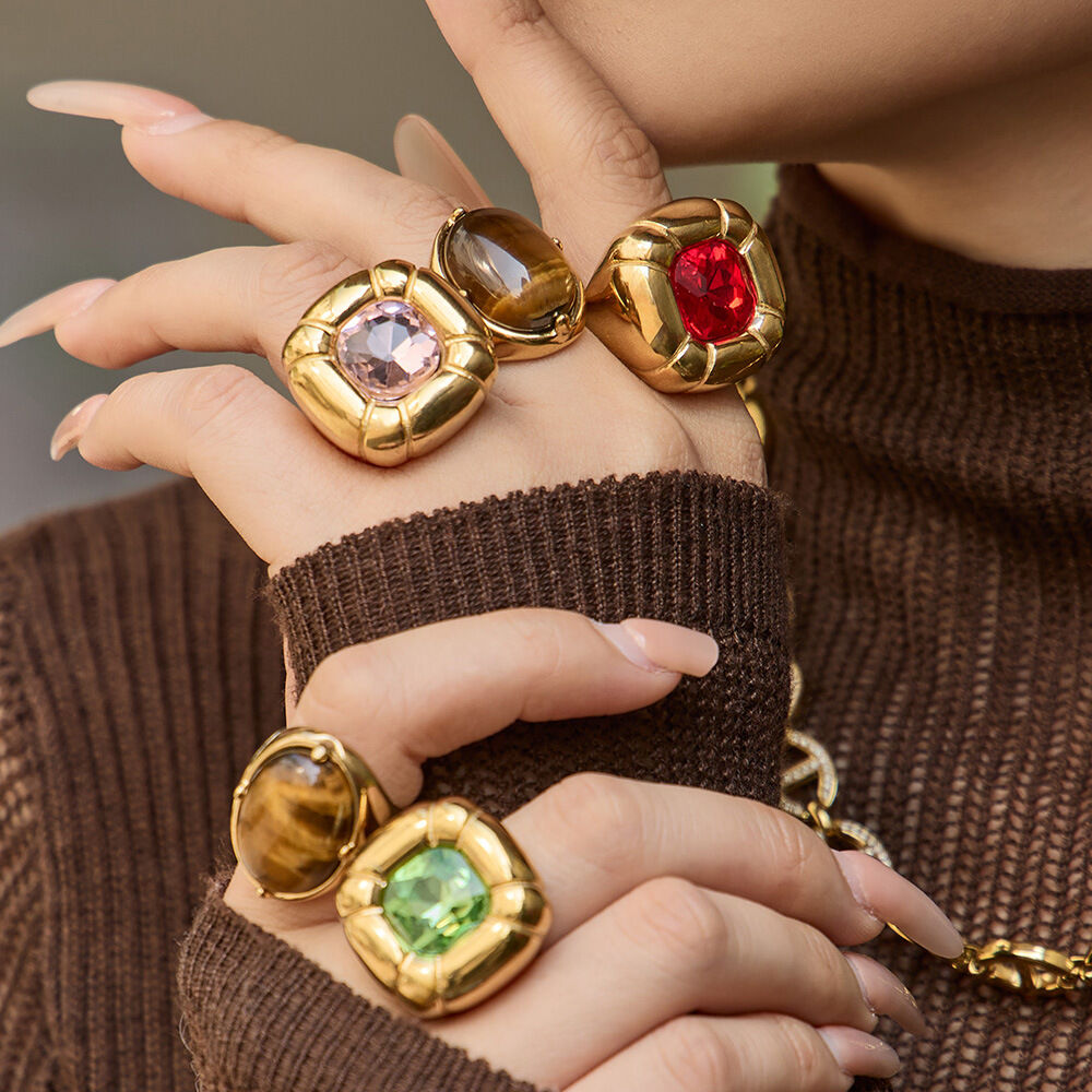 Luxurious Rectangle Stainless Steel Waterproof Gold Color Glass Women's Gemstone Rings Picture2