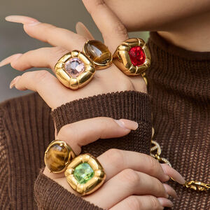 Luxurious Rectangle Stainless Steel Waterproof Gold Color Glass Women's Gemstone Rings h5 Picture2