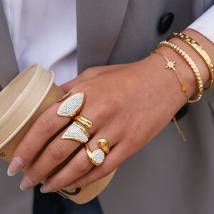 Simple Daily Irregular Shape Stainless Steel Waterproof Gold Color Rhinestone Statement Rings h5 Picture5
