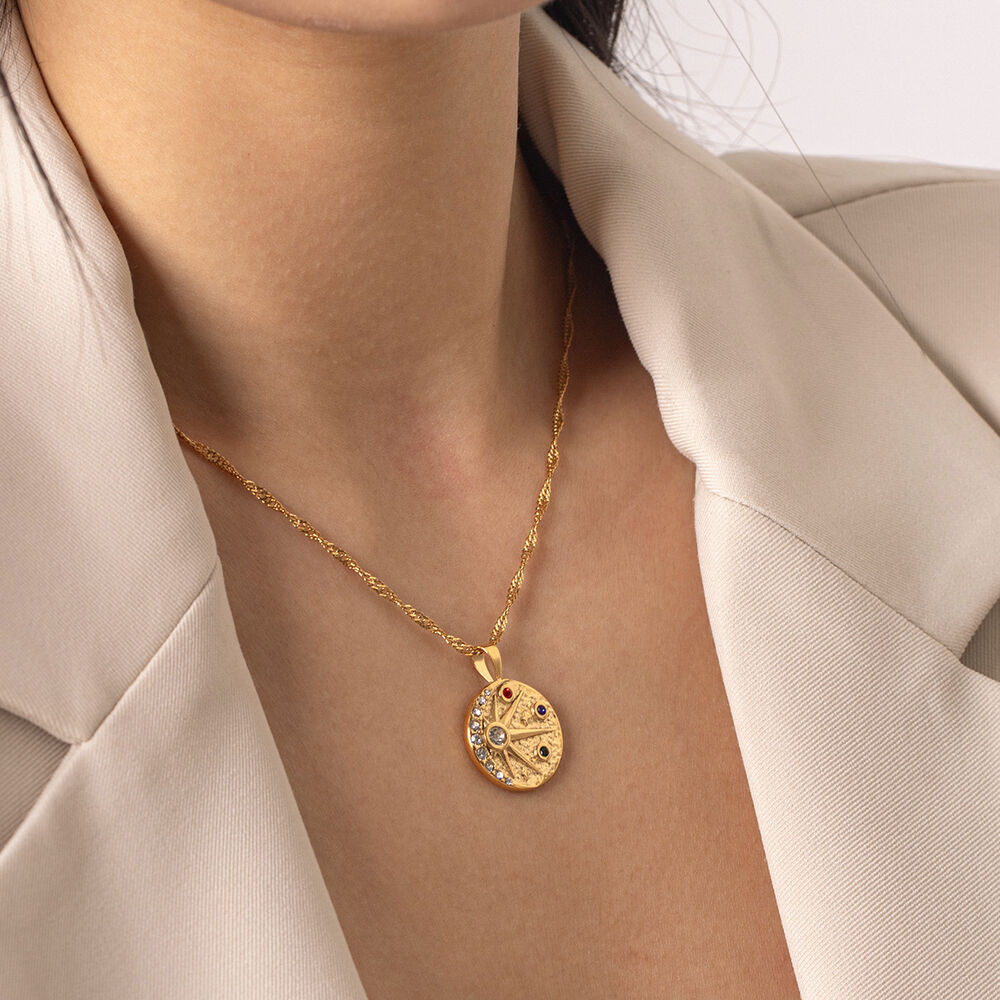 Retro Daily Circle Stainless Steel Waterproof Gold Color Zircon Women's Pendant Necklaces Picture4