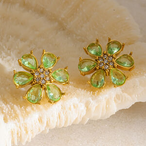 Luxurious Elegant Flower Stainless Steel Waterproof Gold Color Zircon Women's Stud Earrings h5 Picture2