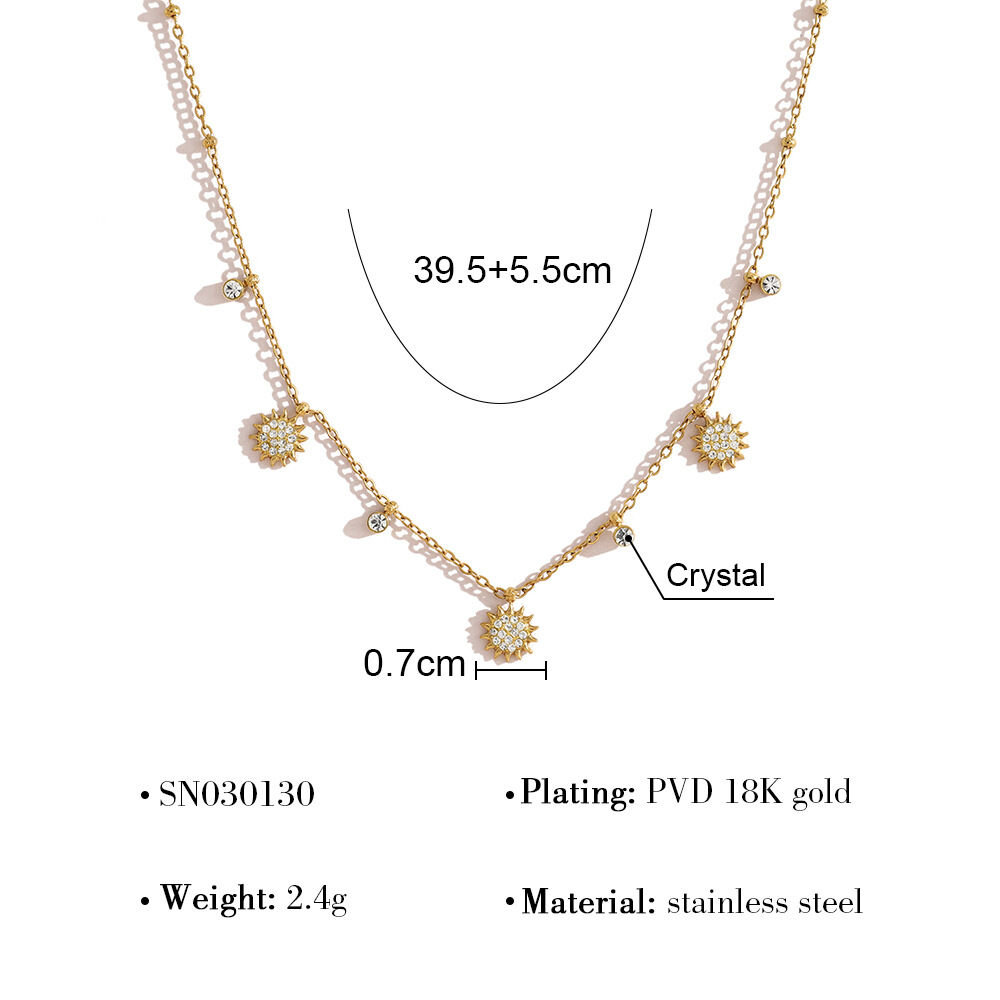 Simple Sun Stainless Steel Waterproof Gold Color Rhinestone Women's Pendant Necklaces 