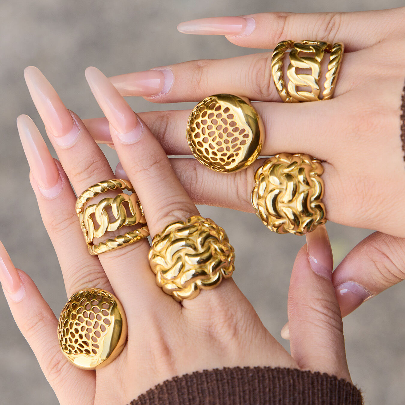 Retro Hollowed-Out Stainless Steel Waterproof Gold Color Statement Rings 2