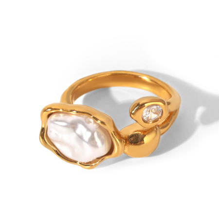 Anelli da donna in acciaio inossidabile color oro, impermeabili, dalla forma irregolare e con zirconi e perle, dal design retrò.