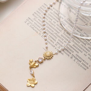 Luxurious Bohemian Flower Stainless Steel Waterproof Zircon Artificial Pearl Women's Pendant Necklaces h5 Picture4