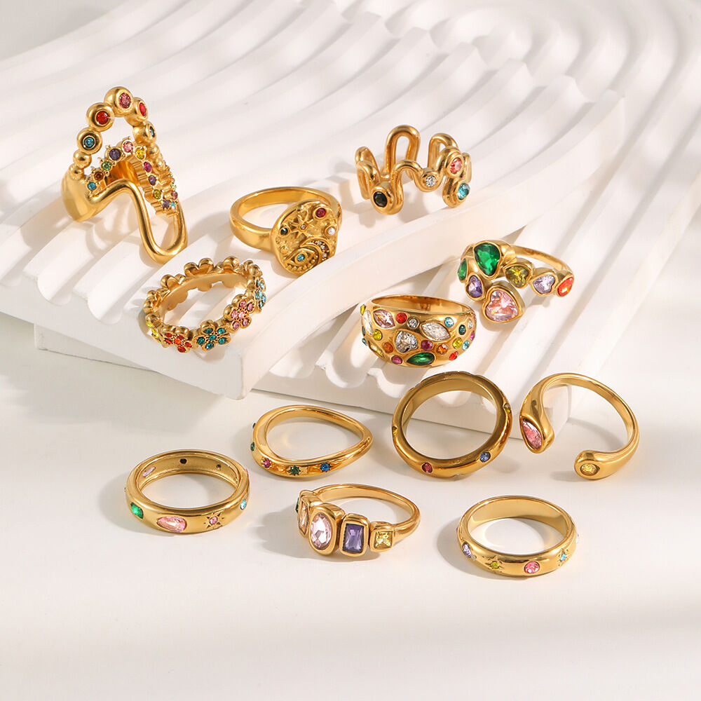 Luxurious Retro Irregular Shape Stainless Steel Waterproof Gold Color Rhinestone Statement Rings h5 Picture3