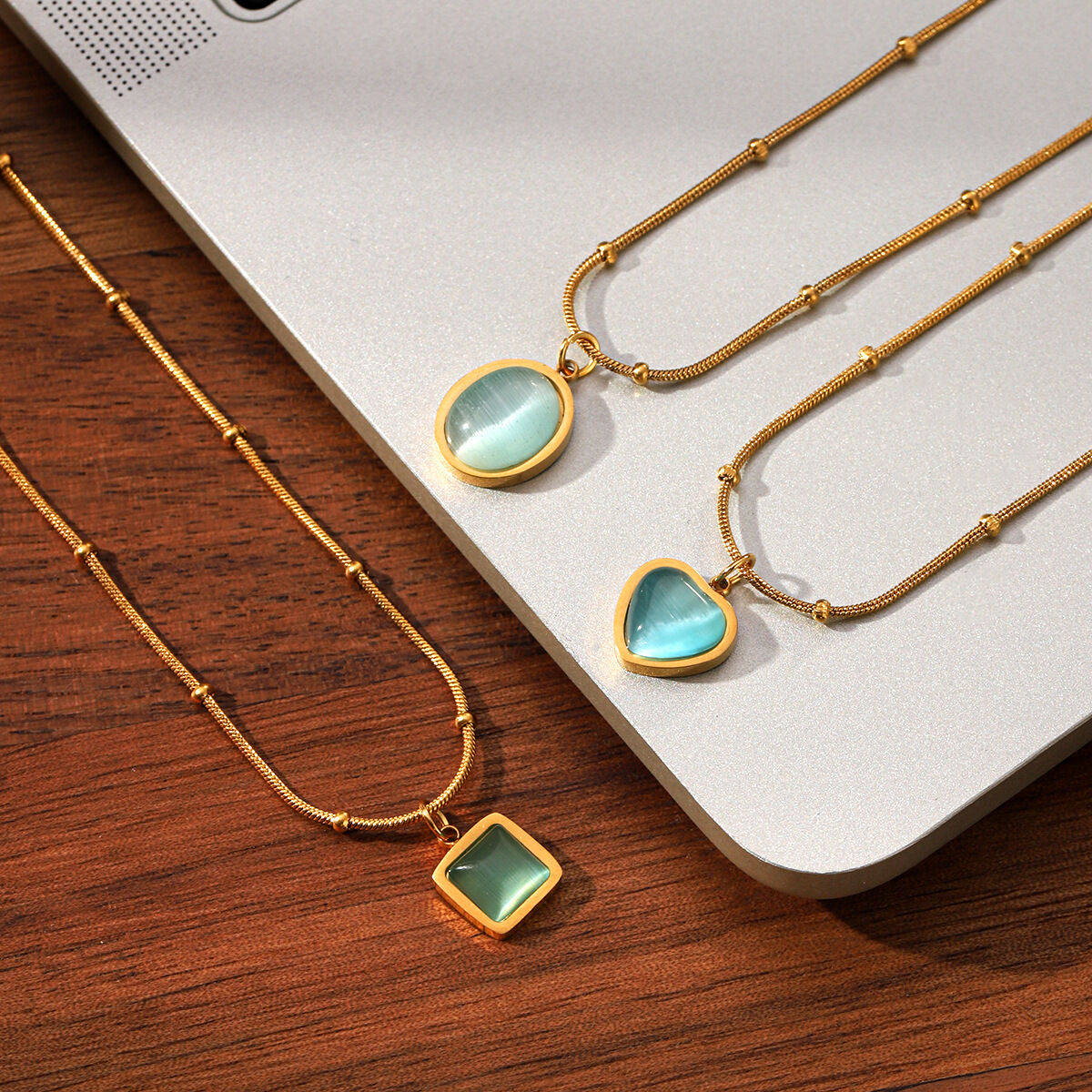 Daily Heart Stainless Steel Waterproof Gold Color Natural Stone Pendant Necklaces