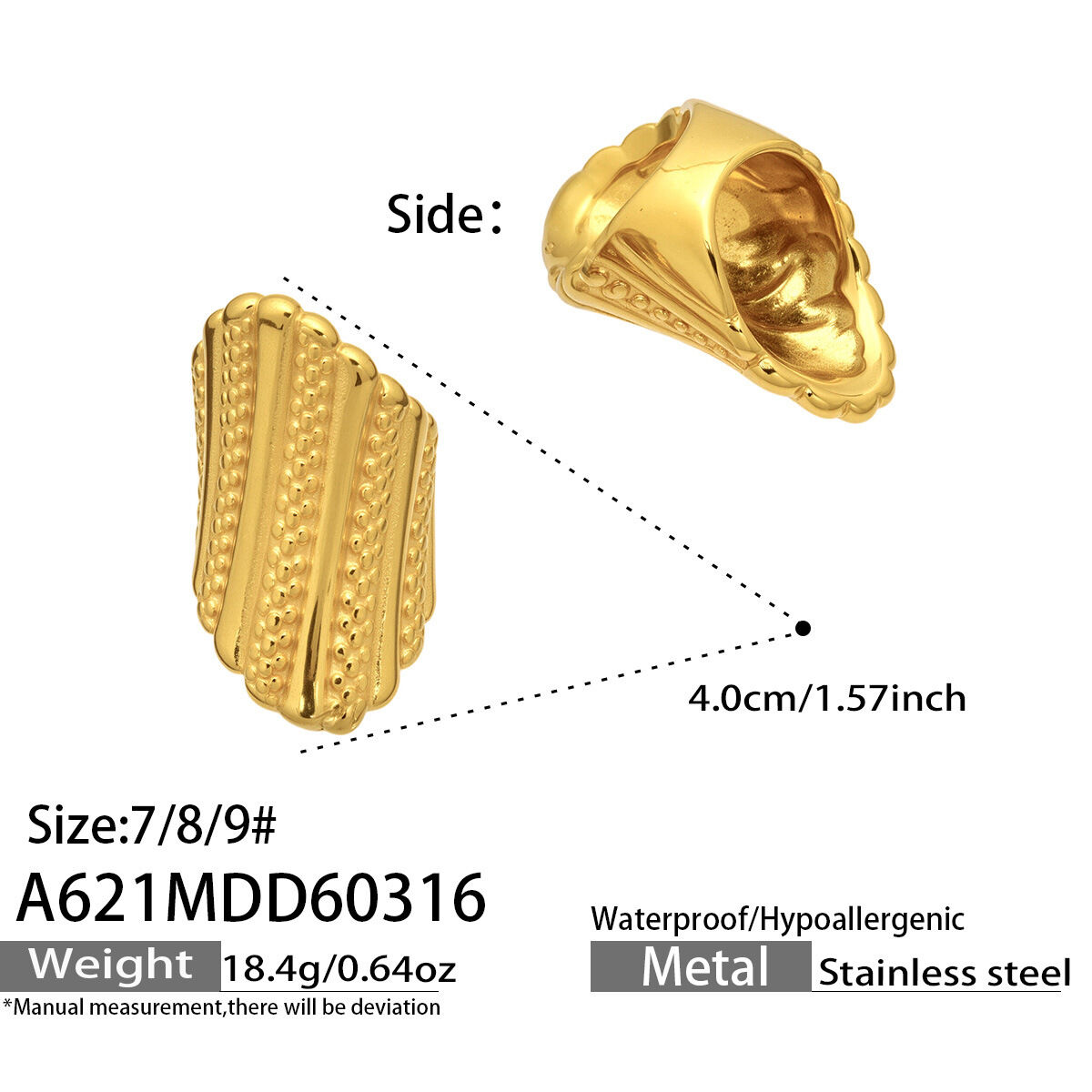 Retro Irregular Shape Stainless Steel Waterproof Gold Color  Statement Rings 