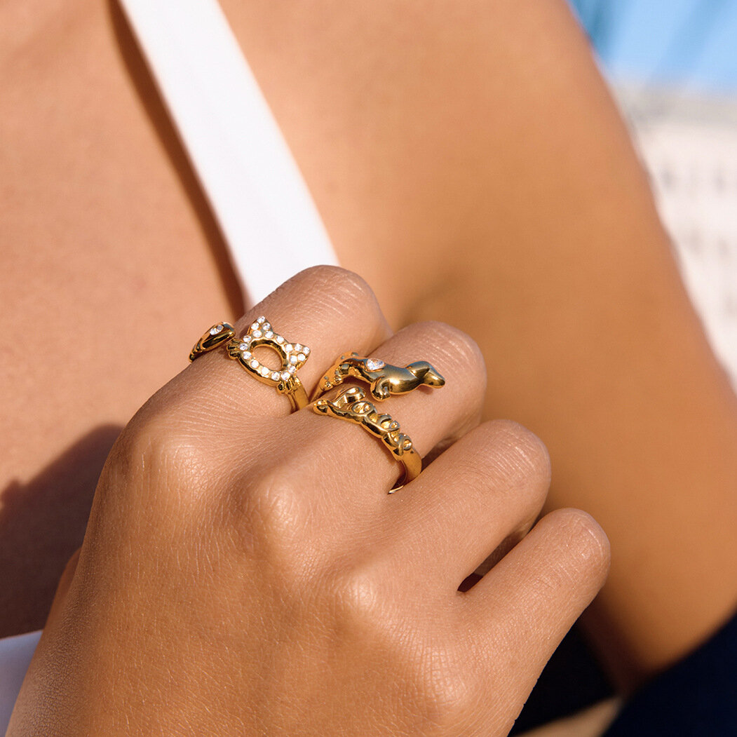 Niedliche Statement-Ringe aus wasserdichtem Edelstahl in Tierform und Goldfarbe mit Zirkonia 2