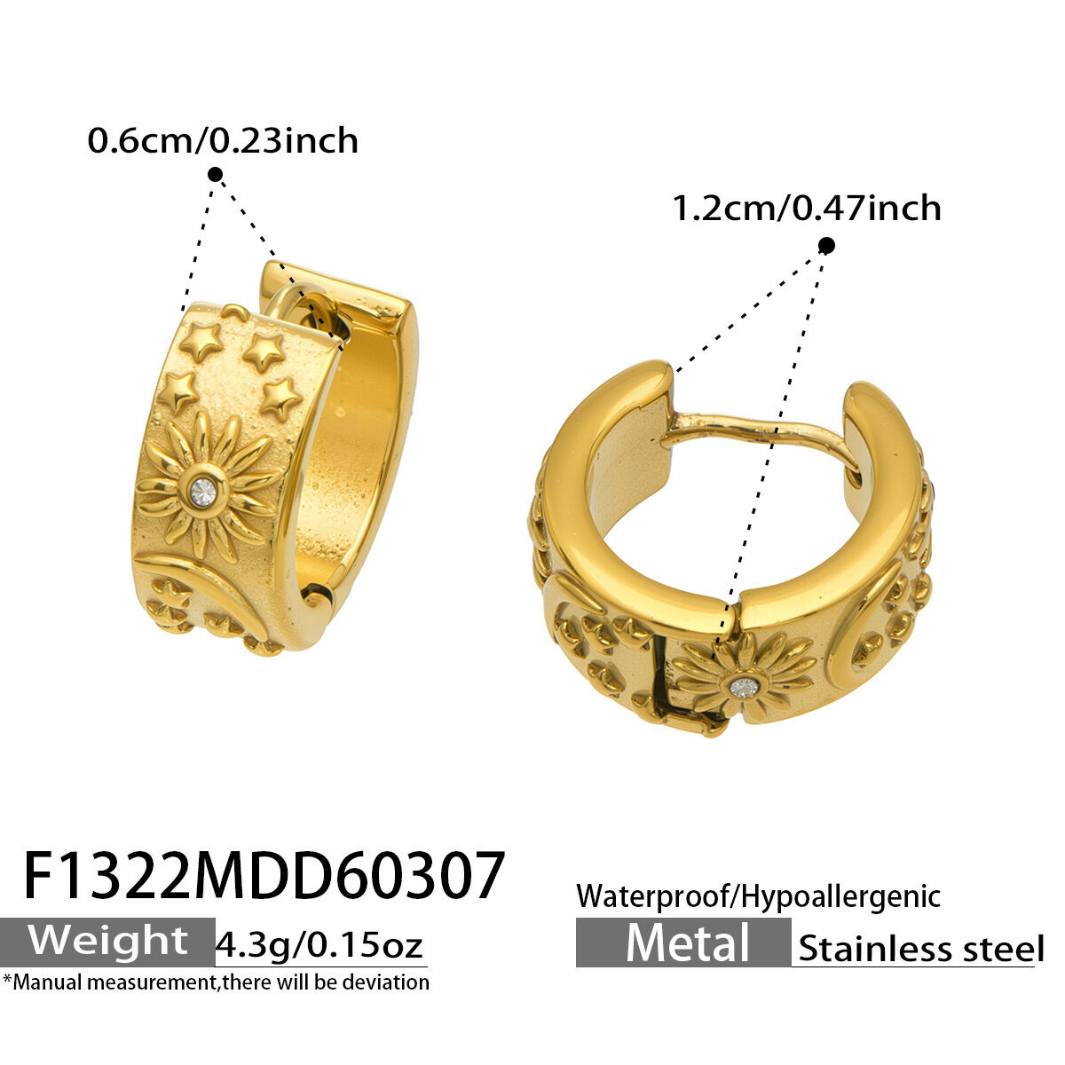Elegant Sun Star Moon Stainless Steel Gold Color Zircon Women's Hoop Earrings h5 Picture2