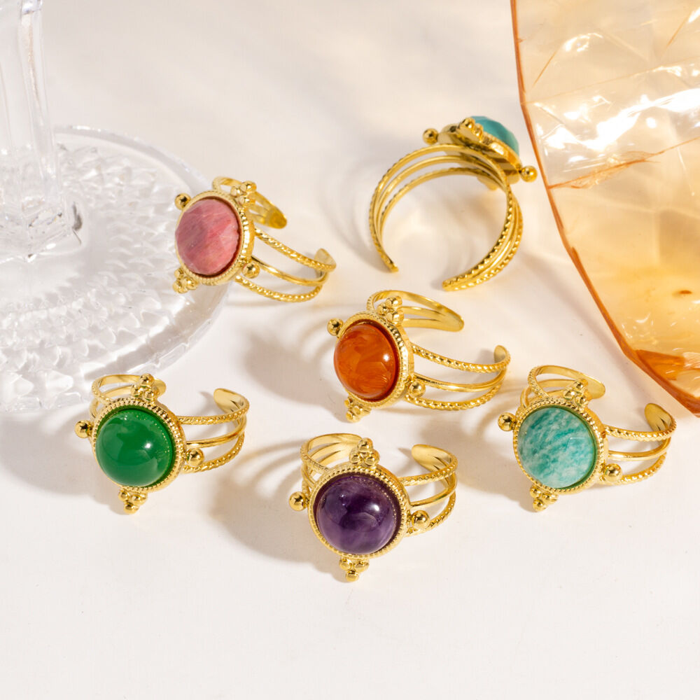 Simple Series Elegant Hollowed-Out Stainless Steel Waterproof Gold Color Women's Gemstone Rings Picture4