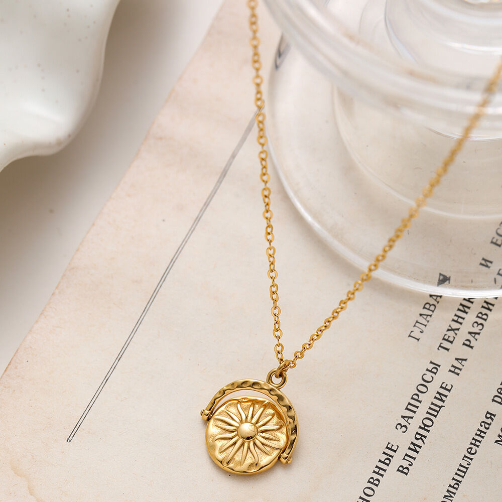 Retro Rotatable Sun Moon Relieve stress Stainless Steel Waterproof   Gold Color  Women's Pendant Necklaces Picture4