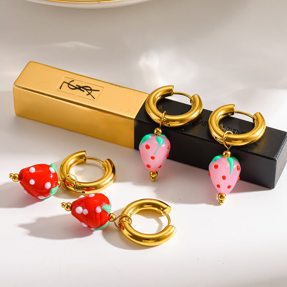 Sweet Strawberry Stainless Steel Waterproof   Gold Color  Women's Hoop Earrings h5 Picture2