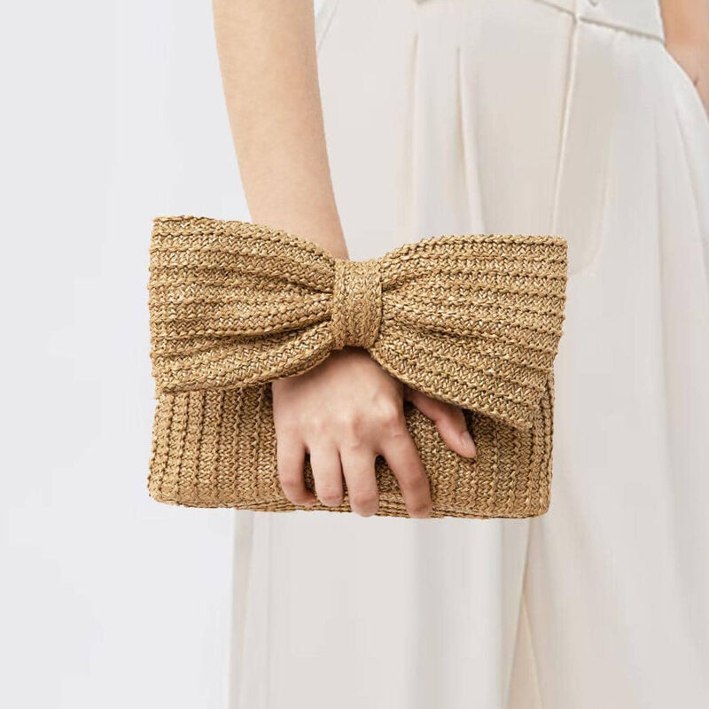 Bolsos de mano de paja para mujer con lazo tejido, estilo parisino chic.
