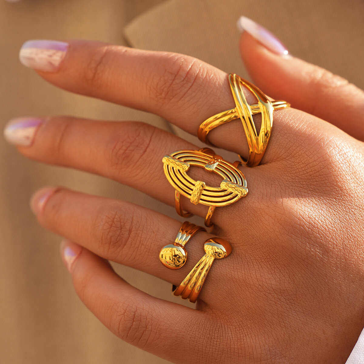 Daily Irregular Shape Stainless Steel Waterproof  Gold Color Statement Rings Picture4