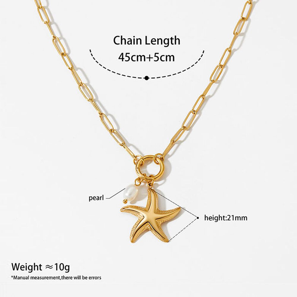 Vacation Starfish Gold Color Stainless Steel Waterproof Women's Necklaces Sets h5Picture2