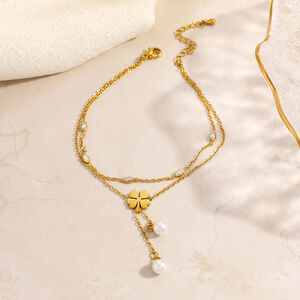 Elegant Clover Stainless Steel Waterproof Gold Color Zircon Anklets h5 Picture3