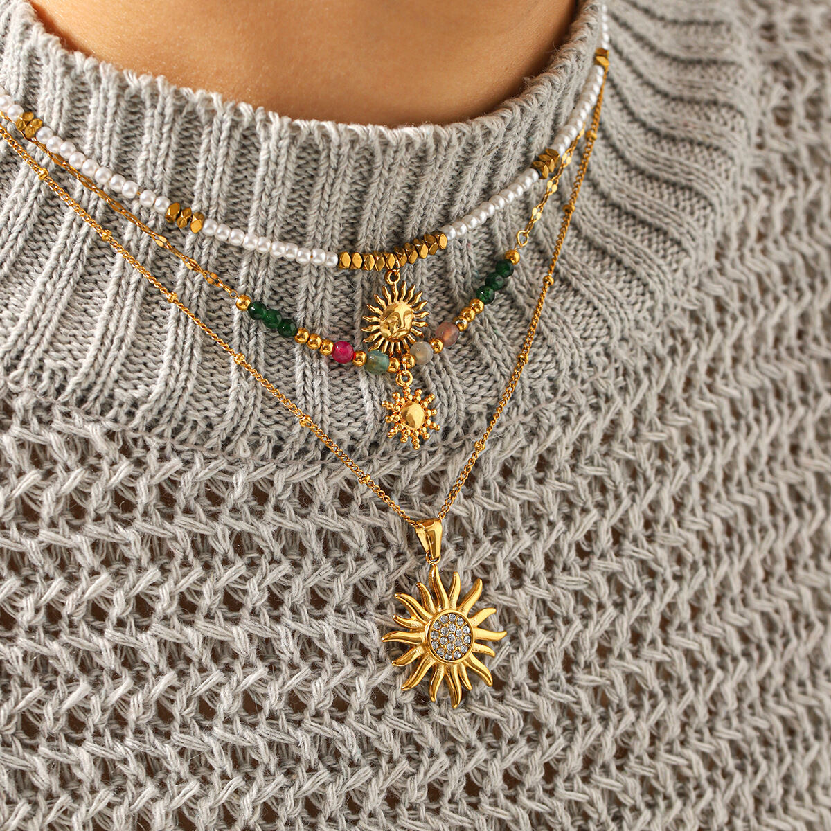 Retro Heart Sun Stainless Steel Waterproof Gold Color Zircon Women's Pendant Necklaces Picture4