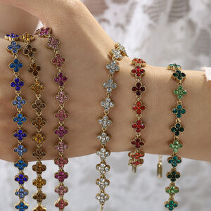 Romantic Series Sweet Flower Stainless Steel Waterproof Gold Color Rhinestone Women's Chain Bracelets h5 Picture3