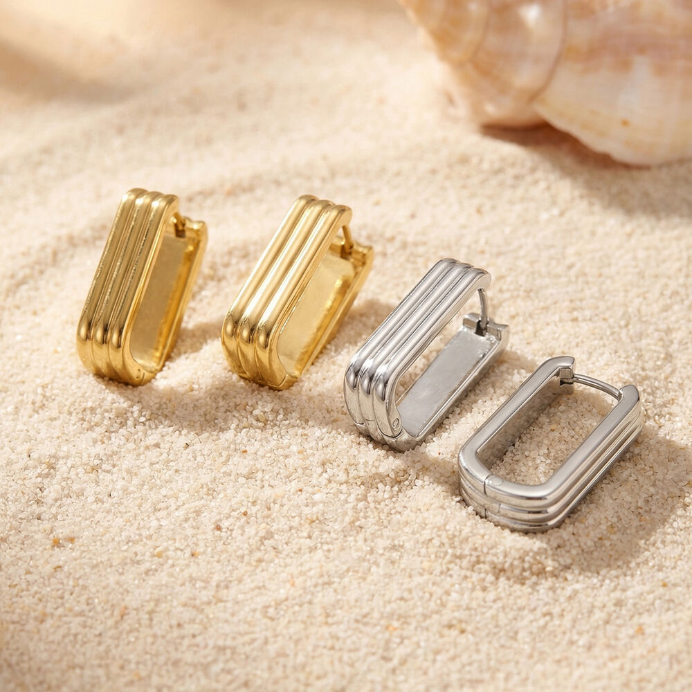Simple U-shape Stripe Stainless Steel Waterproof Gold Color Women's Hoop Earrings Picture3