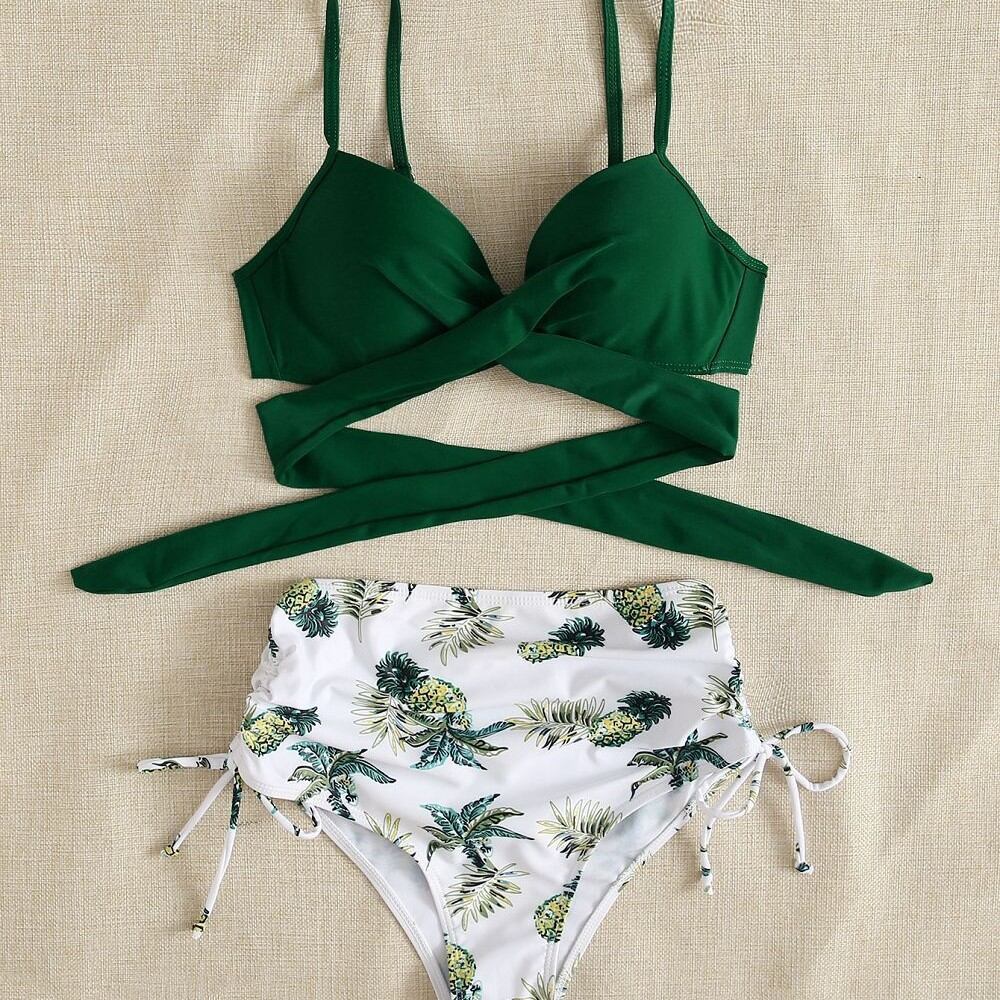 Green Clear Plant Patterned Polyester Polyester Bikini Set