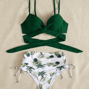 Green Clear Plant Patterned Polyester Polyester Bikini Set h5