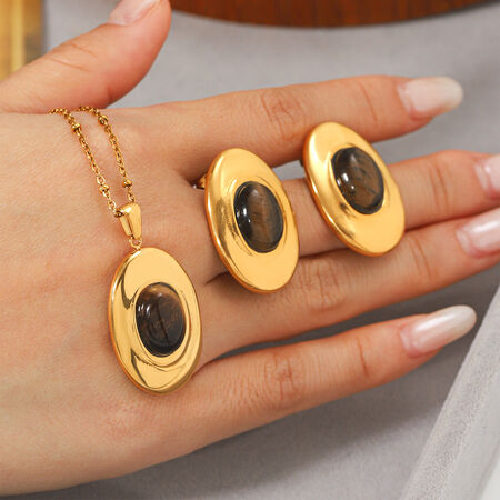 Retro Stainless Steel Waterproof Gold Color Natural Stone Women's Necklaces Set