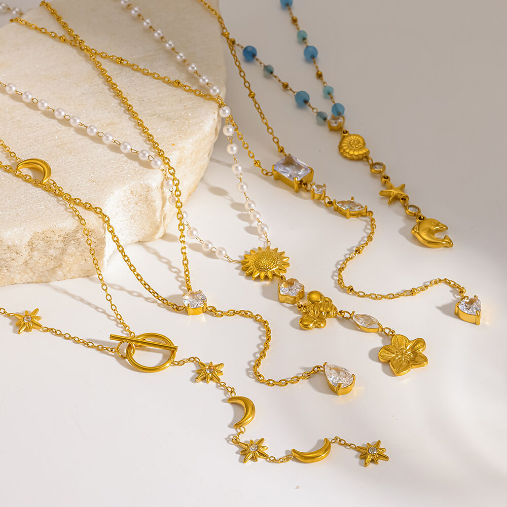 Romantic Tassel Stainless Steel Waterproof Gold Color Zircon Women's Pendant Necklaces h5 Picture3