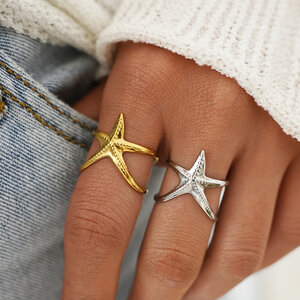 Simple Daily Turtle Starfish Stainless Steel Waterproof Gold Color Statement Rings h5 Picture6