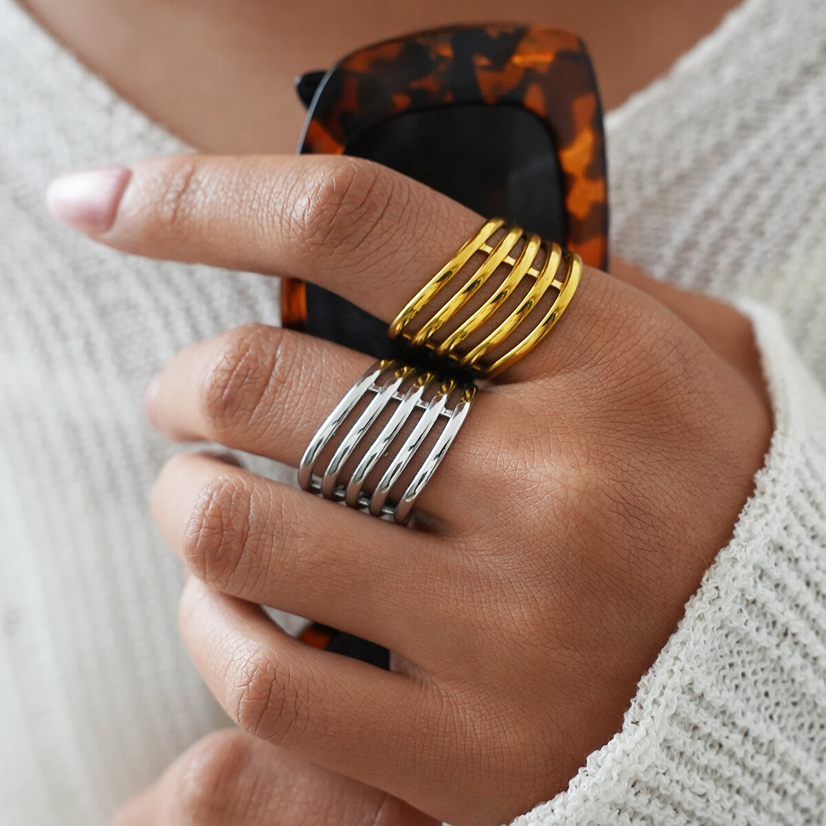 Simple Series Daily Irregular Shape Lines Stainless Steel Waterproof   Gold Color  Statement Rings Picture4